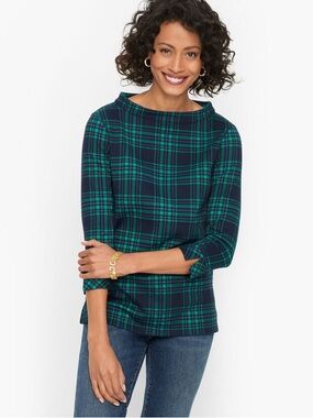 Talbots Plaid Tunic Top Green Blue 3/4 Sleeve Stretch Size Medium
